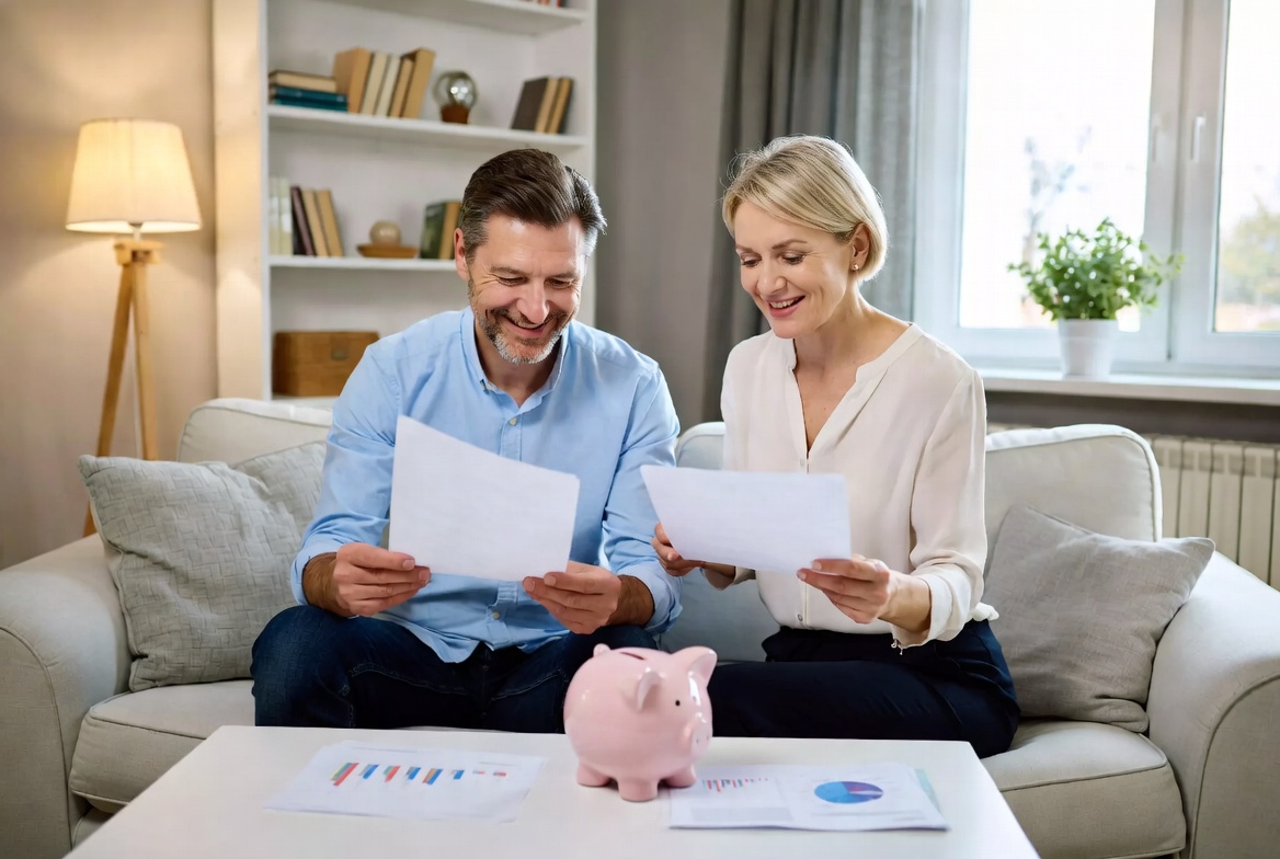 Happy couple reviewing finances and celebrating debt freedom