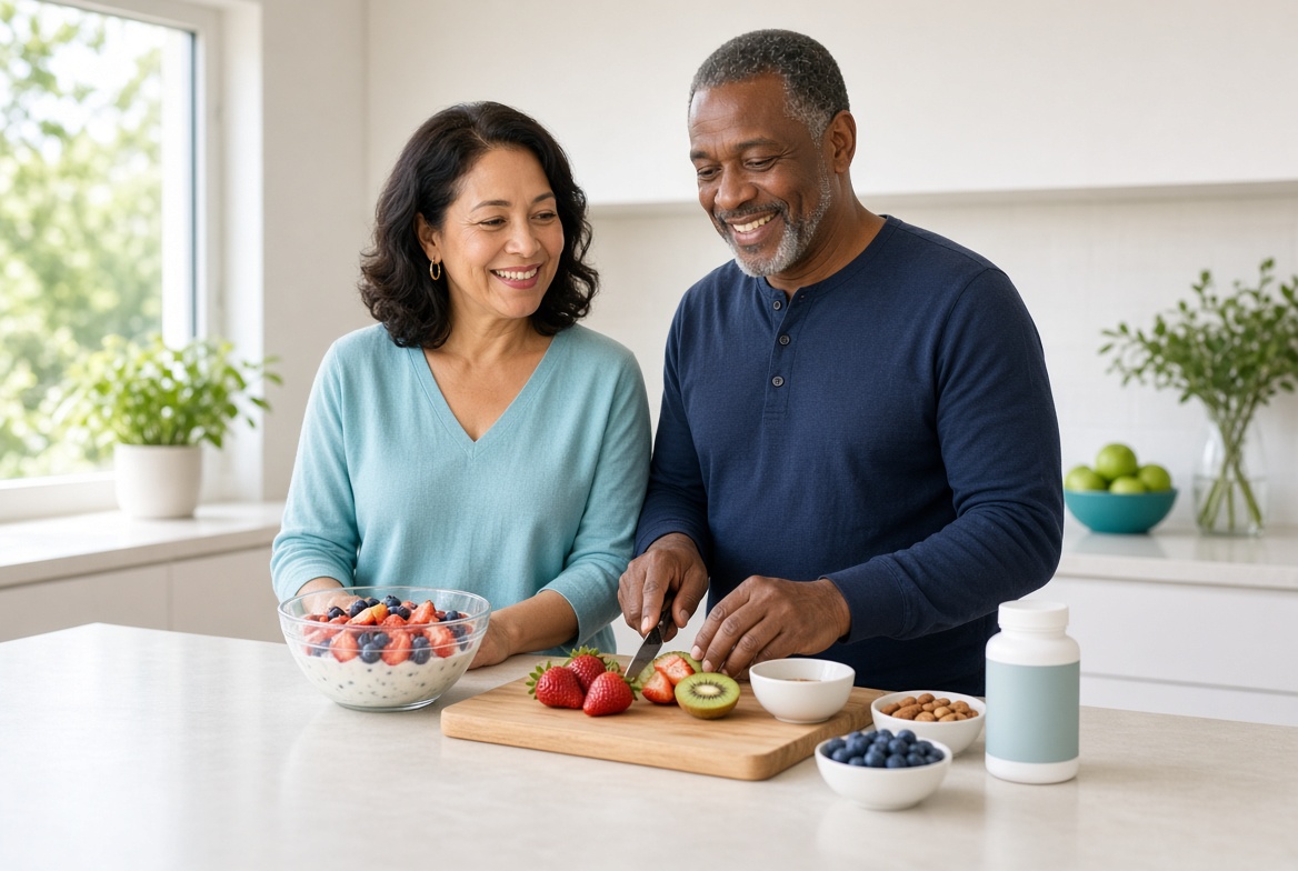 Couple preparing a healthy meal as part of a daily wellness routine